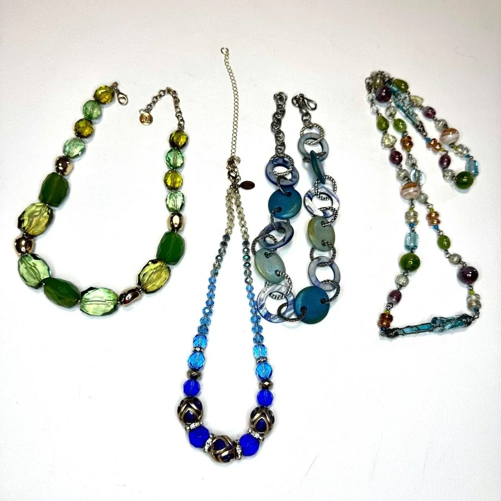 Lot‎ 4 Statement Beaded Necklaces Colorful Glass Crystal Shell Y2K Boho Retro